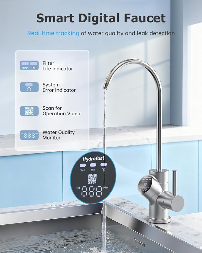 9-Stage Reverse Osmosis System, Reduce TDS, 800 GPD RO Water Filtration System with Smart LED Faucet, 2.5:1 Pure to Drain Tankless Under Sink Water Filter for Space & Water Saving