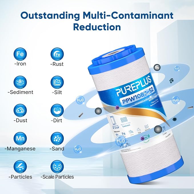 PUREPLUS 5 Micron 4.5"x10" Whole House Water Filter Combo, with String Wound Sediment & Iron Reducing Filter and Activated Carbon Block Filter, 1PACK
