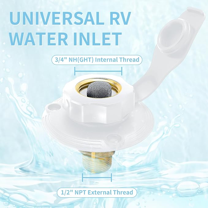 RV City Water Inlet, 3/4 NH to 1/2 NPT, White | Brass check valve with 3 in flange, dust cap and 3/4 NH to 1/2 NPT threads for RV, camper, trailer and marine use.