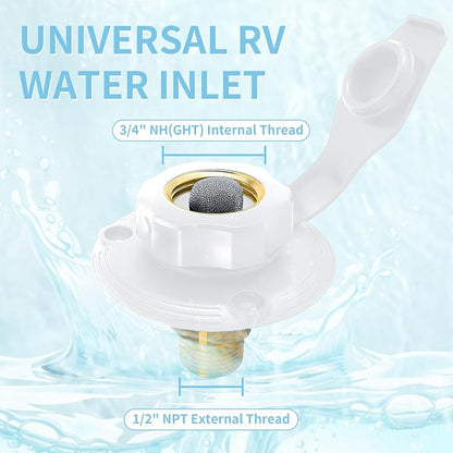 RV City Water Inlet, 3/4 NH to 1/2 NPT, White | Brass check valve with 3 in flange, dust cap and 3/4 NH to 1/2 NPT threads for RV, camper, trailer and marine use.