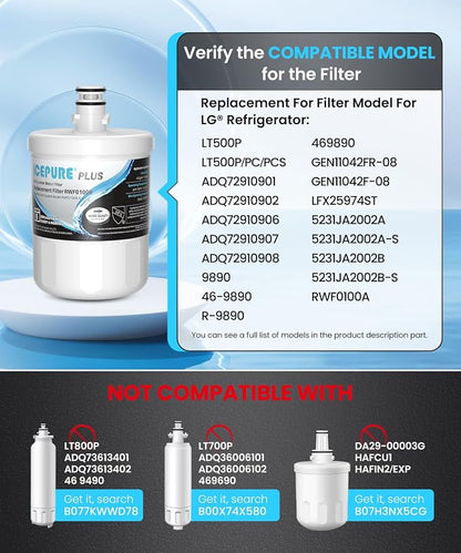 ICEPURE PLUS 5231JA2002A NSF/ANSI 53 & 42 Certified Refrigerator Water Filter, Remove Lead, Replacement for LG LT500P, ADQ72910911, ADQ72910901, ADQ72910907, Kenmore 9890, 469890, GEN11042FR-08, 2PACK