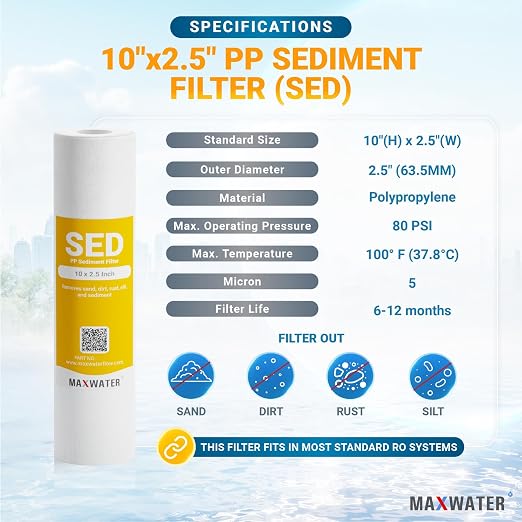 Max Water 10-Inch 1-Stage Whole House Water Filtration System with Clear Housing and 5-Micron Polypropylene Sediment Filter - Ideal for RVs, Well Water, and Boilers