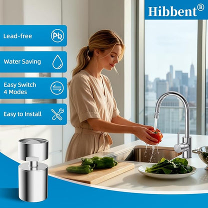Hibbent NSF/ANSI/CAN 372 Certified 4 Modes Faucet Aerator, Chrome | 360° Swivel Faucet Extender, Sink Sprayer Attachment with Metal Adapter for Kitchen & Bathroom, 55/64'' Female Thread