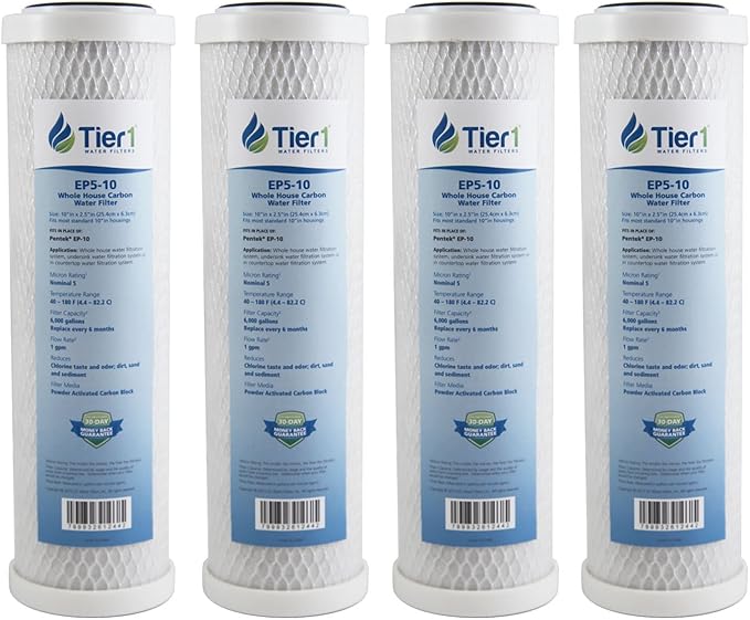Tier1 5 Micron 10 x 2.5 Water Filter | Whole House Carbon Block Filter Replacement Cartridge | Compatible with Pentek EP-10, 42-34373, 155531-43, CB-25-1005, MAXETW-975 | 2.5 x 10 Water Filter (4pk)