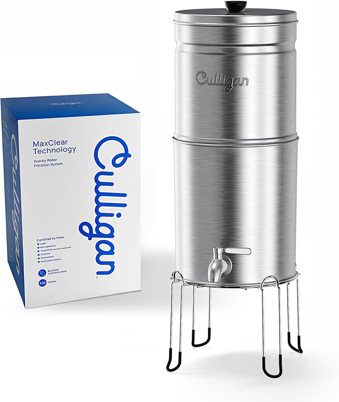 Culligan MaxClear 2.25 Gallon Gravity Water Filter System, Brushed Stainless-Steel Countertop Water Filter NSF/ANSI Certified to Reduce Microplastics, Lead & Total PFAS, with 4 Ceramic Filters