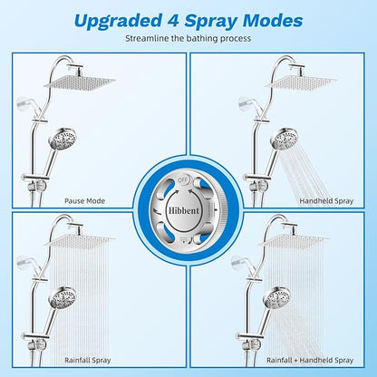 Hibbent cUPC Certified All Metal 8" Rainfall Showerhead Combo, High Pressure Shower Head with 10-Spray Mode Handheld, Innovative 4-way Diverter with Pause Mode, 71'' Shower Hose and Holder, Chrome