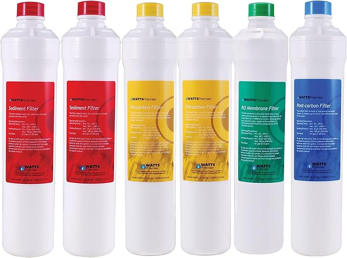 Watts Premier Annual RO Pure 6-Pack Filtration Kit for Zero/Pure Plus Reverse Osmosis System, Push Button Water Filter Replacement, 2 Sediment Filters, 2 Carbon Pre-Filters, 1 Post-Filter, Membrane