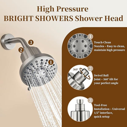 BRIGHT SHOWERS Filtered Shower Head, High Pressure Fixed Showerhead for Hard Water, Dual-Media Filter Removes Chlorine & Impurities, 8 Spray Modes, Brushed Nickel