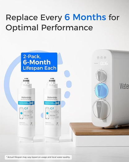 Waterdrop G3-2CF Filter, Replacement for Waterdrop G3-W & G3P600 & G3P800 Reverse Osmosis System, Pack of 2 G3-N1CF, 6-month Lifetime