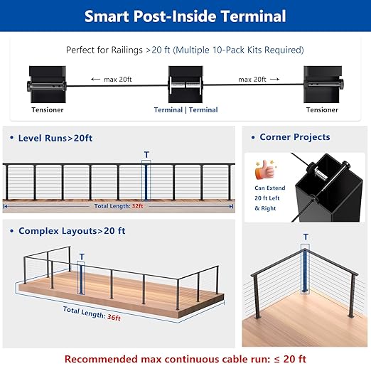10 Pack Patent Swageless 1/10" 1/8" Invisible Cable Railing Kit Terminal Toggle Anchor Angle, Invisible T316 Stainless Steel Cable Railing Hardware for Corner, Stair & Wall Posts, Brushed