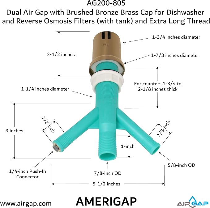 Dual Air Gap with Brushed Bronze Brass Cap for Dishwasher and Reverse Osmosis Filters (with tank) and Extra Long Thread (AG200-805, AG200-X05, AMERIGAP)
