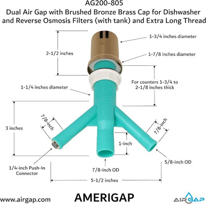 Dual Air Gap with Brushed Bronze Brass Cap for Dishwasher and Reverse Osmosis Filters (with tank) and Extra Long Thread (AG200-805, AG200-X05, AMERIGAP)