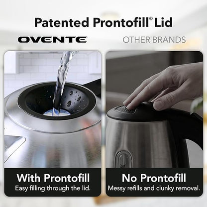 OVENTE Electric Kettle, 1.8L Glass Tea Kettle & Stainless Steel BPA-Free Cordless Electric Kettle, 1500W Fast Boil Electric Pot with Easy-Fill Lid, Auto Shut-Off & Boil Dry Protection, Silver KG751S
