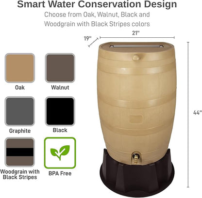 RTS Home Accents 50-Gallon Rain Barrel, Flat Back Rain Water Collection Barrel, Stand Included, Oak Color