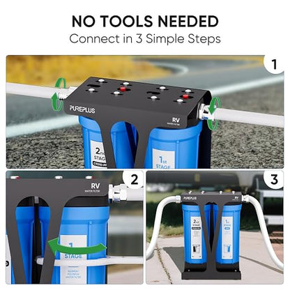 PUREPLUS RV Dual Stage Water Filter System with Sediment & PFAS Carbon Block Filters, NSF/ANSI 42 Certified, Reduces PFAS, VOCs, Chlorine, Odors, 13,000 Gal, Stainless Steel 3/4" Fittings