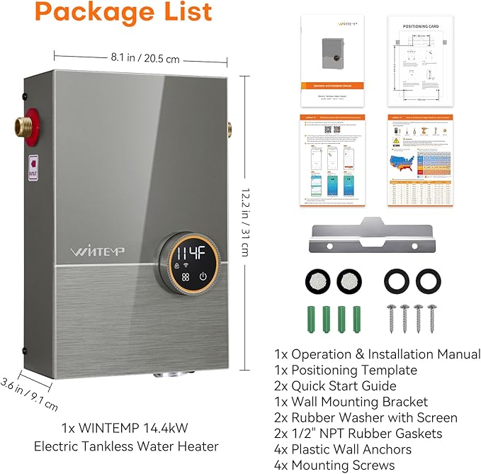 Tankless Water Heater Electric 14.4kW, 240 Volt On Demand Instant Hot Water Heater, Within 1℉ Stable Temp, Up to 3.5GPM, WiFi Control, ETL Certified, Eco, WM15