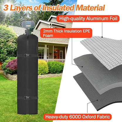 Water Softener Cover Outdoor, 3 Layers Insulation Water Softener Tank Jacket, Heavy Duty Outdoor Insulated Water Softener Tank Cover, Water Softener Covers for Outside Units, 9''D x 48''H- Black