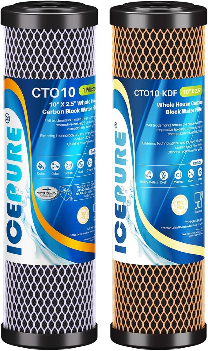 ICEPURE 2-Stage 2.5" x 10" Whole House Water Filter Cartridge Replacement Combo Kit, 1 Micron Activated Carbon Block Filter and KDF Compatible with WFPFC9001, SCWH-5, WHCF-WHWC, FXWTC, CBC-10