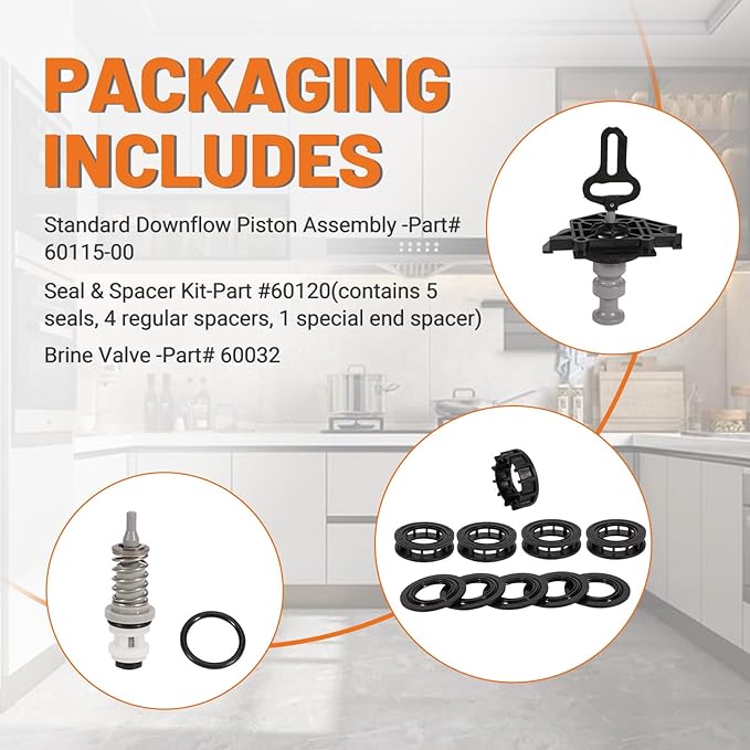 Water Softener Downflow Rebuild Kit Fit for Fleck 5000, ProFlo SE, Rainsoft Valves EC4#60115-00 Piston, #60120 Seal & Spacer Kit, #60032 Brine Valve -Fix Water Softener Leaks & Brine Issues