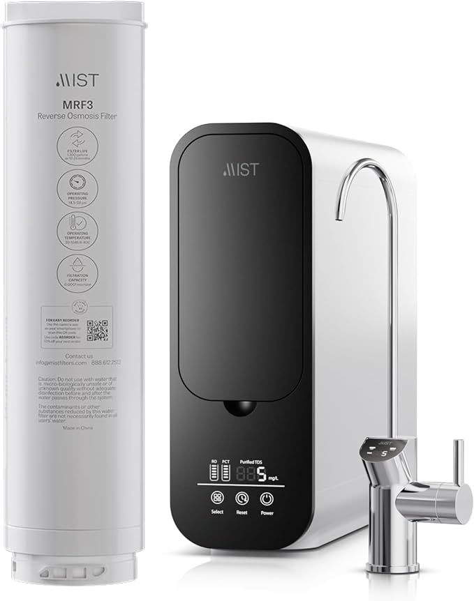 Mist- MRF3 Replacement Filter For Reverse Osmosis Water Filter, Under Sink Water Filtration, Tankless RO System, 2:1 Pure to Drain Reduces TDS, 600 GPD, Smart Visual Display, IAPMO Certified