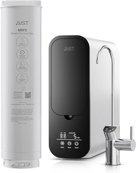 Mist- MRF3 Replacement Filter For Reverse Osmosis Water Filter, Under Sink Water Filtration, Tankless RO System, 2:1 Pure to Drain Reduces TDS, 600 GPD, Smart Visual Display, IAPMO Certified