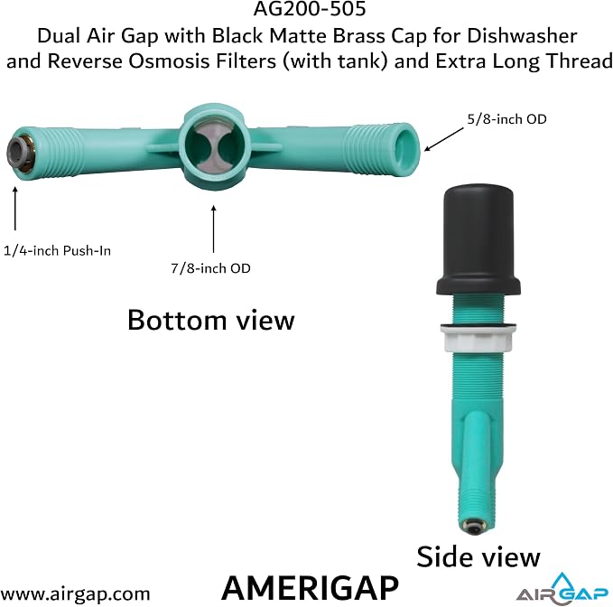 Dual Air Gap with Black Matte Brass Cap for Dishwasher and Reverse Osmosis Filters (with tank) and Extra Long Thread (AG200-505, AG200-X05, AMERIGAP)