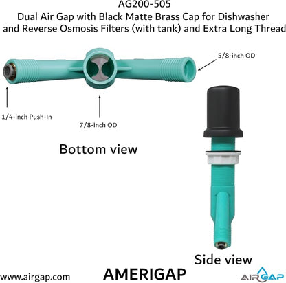 Dual Air Gap with Black Matte Brass Cap for Dishwasher and Reverse Osmosis Filters (with tank) and Extra Long Thread (AG200-505, AG200-X05, AMERIGAP)