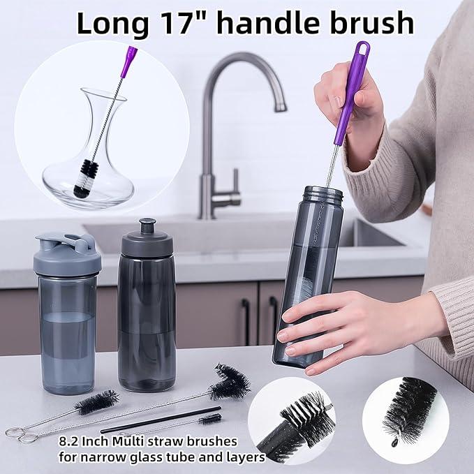 12 Pcs Glass Tube Pipe Cleaning Brush Set – 35" Flexible Hose Brush, 17" Extra Long & Multi-Sized Nylon Cleaners for Curved Glass Tubing, Narrow Neck Tumblers, Straws & Crevices