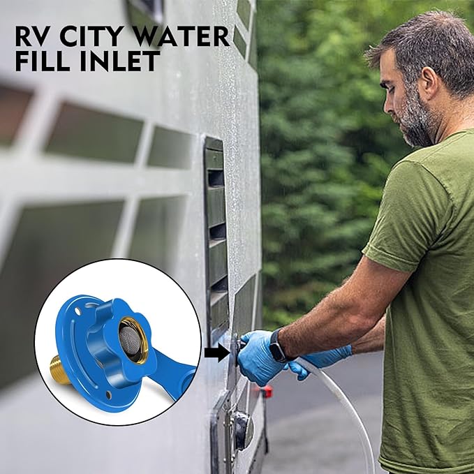 RV City Water Inlet with Check Valve, RV Water Inlet Replacement, 3/4 NH Female to 1/2 NPT Male Flange RV Fresh Water Inlet, RV Water Inlet with Dust Plug for RV Camper Motorhome, Blue