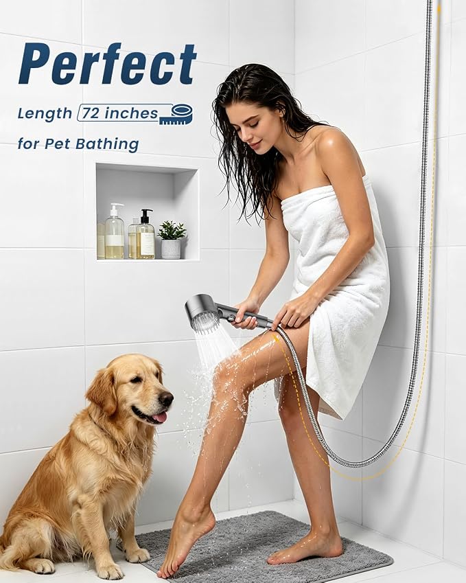 PWERAN Filtered Shower Head with Handheld, included 4 Filters, 4 Spray High Pressure ShowerHead with Filter for Hard Water, Remove Chlorine, ON/OFF Switch for Pet Bath 72" Hose