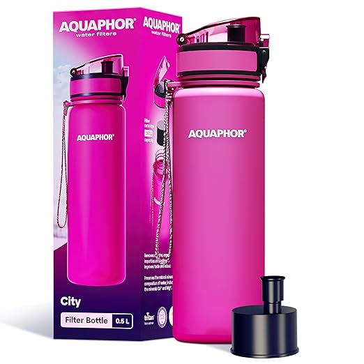 AQUAPHOR City Water Filter Bottle 500 ml | Portable Filtered Water Bottle with Integrated Water Purifier | BPA-Free | Reusable Bottle with Water Filter for Camping, Travel & Outdoor Use | Pink