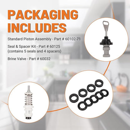 5600SXT Water Softener Rebuild Kit Replacement for Fleck 5600SXT Digital Softener Valve, Water Softener Standard Piston 60102-71, Seal & Spacer Kit 60125 (60125-20), Brine Valve 60032