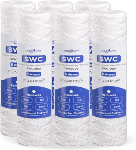 Whole House 5 Micron 10" x 2.5" String Wound Sediment Well Water Filter Cartridge Replacement for W5W, WHKF-WHSW, RS5-DS, RS2-DS, CW-5, SWC-25-1005, HF-150A, WP5, WP-5, SP-CW5 (Pack of 6)