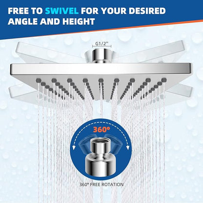 Hibbent cUPC Certified Thickness Metal Rain Shower Head, 6 Inch High Pressure Shower Head, Square Bathroom Waterfall Shower Heads, High Flow Fixed Showerheads with Adjustable Brass Ball Joint, Chrome