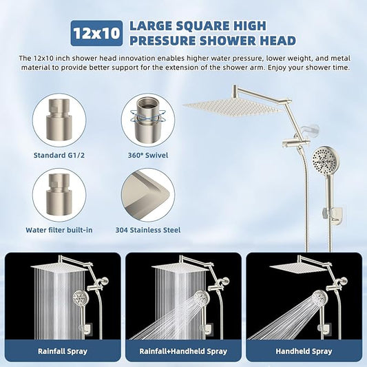 12” All Metal Rain Shower Head, High Pressure Rainfall Shower Head with Handheld Showerhead, 5“ Handheld Spray Powerful Clean 10-Mode, 16" Stainless Steel Adjustable Extension Arm, Brushed Nickel