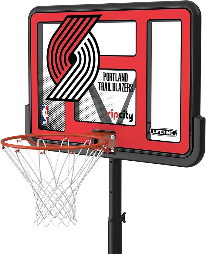 Lifetime NBA Portland Trail Blazers Portable Basketball Hoop, Adjustable Height 7.5-10 Ft, 44 Inch Shatterproof Fusion Backboard, Base with Wheels