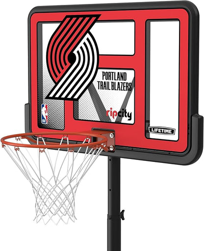 Lifetime NBA Portland Trail Blazers Portable Basketball Hoop, Adjustable Height 7.5-10 Ft, 44 Inch Shatterproof Fusion Backboard, Base with Wheels