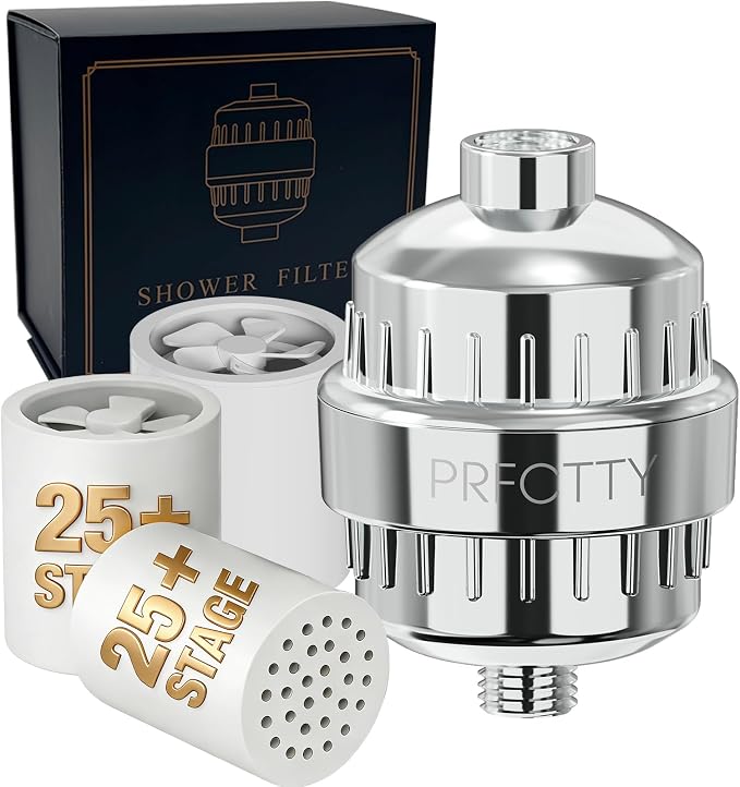 25-Stage Hard Water Shower Filter with Enhanced KDF55,High Output Filtered Shower Head with 3 Replacement Cartridges,Removes Chlorine,Fluoride & Sediment,Universal Polished Chrome Bathroom Showerhead | Built-in grease drip tray Anti-slip bottom design ...