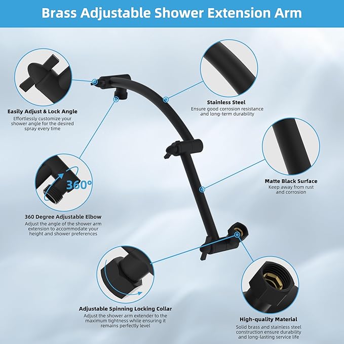 Hibbent All Metal Rain Shower Head, 8'' High Pressure Rainfall Showerhead with 16" Shower Head Extension Arm, Solid Brass Adjustable Shower Arm Extender, Waterfall Fixed Showerheads, Matte Black