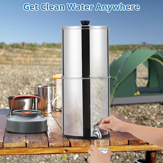 304 Stainless Steel Force Water Filter System – 2.25 Gallon Countertop Purifier – Dual Black Carbon Filters – Medium Version – USA Specification