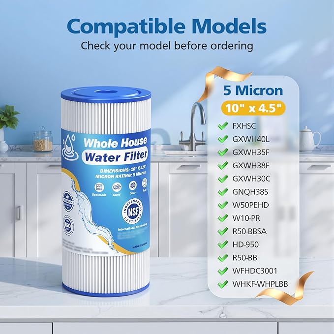 5 Micron 10" x 4.5" Whole House Water Filter Compatible with GE FXHSC, GXWH40L, Plumber W50PEHD, Culligan R50-BBSA, Pentek R50-BB, W10-PR, DuPont WFHDC3001, W50PEHD, High Flow Sediment Filters, 2 Pack
