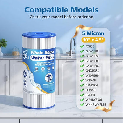 5 Micron 10" x 4.5" Whole House Water Filter Compatible with GE FXHSC, GXWH40L, Plumber W50PEHD, Culligan R50-BBSA, Pentek R50-BB, W10-PR, DuPont WFHDC3001, W50PEHD, High Flow Sediment Filters, 2 Pack
