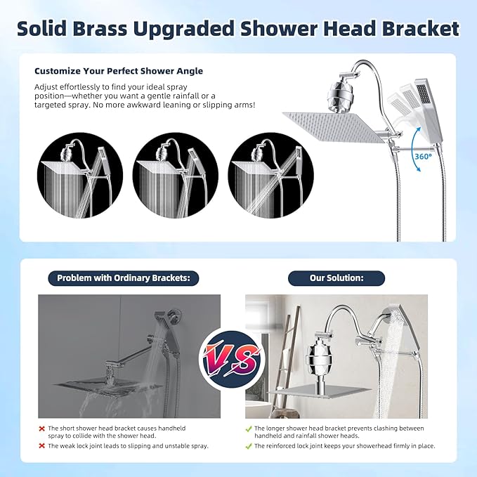 Hibbent All Metal 12'' Filtered Rainfall Shower Head Combo, High Pressure Handheld Shower Wand, 12'' Adjustable Curved Extension Arm, 20 Stage Shower Filter, 71'' Hose, Shower Head Holders, Chrome