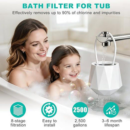 Bath Filter for Tub, Bathtub Water Filter 8-Stage, Bath Water Filter with 2 Pack Filters, Removes 90%+ Chlorine & Impurities, BPA Free, 2.5 GPM High Flow, 77°F-158°F for Skin & Hair Care