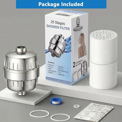 25-Stage Shower Filter for Hard Water with Extra Replacement Cartridge | Help Reduce Chlorine, Odors & Other Impurities for Softer-Feeling Skin & Hair, High Output Shower Water Filter, Universal Fit