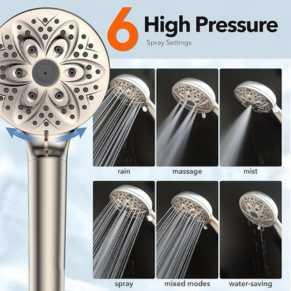 6-Setting Filtered Handheld Shower Head, JDO High Pressure Shower Head with Replaceable Filter Cartridge 4.7 Inch Detachable Showerhead for Chlorine Hard Water Removal 59 Inch Stainless Steel Hose
