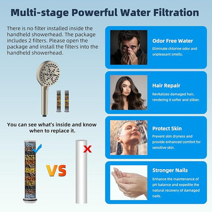 Hibbent All Metal 12'' Filtered Rainfall Shower Head Combo, High Pressure Handheld Shower Head with 12'' Adjustable Curved Extension Arm, 20 Stage Shower Filter, 10-spray, 71'' Hose, Brushed Nickel