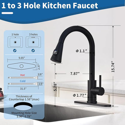 HOMELODY LED Temperature Display Black Kitchen Faucet with Pull Down Sprayer - Matte Black Single Handle Kitchen Sink Faucet, High Arc 304 Stainless Steel Design for RV Laundry Farmhouse Bar
