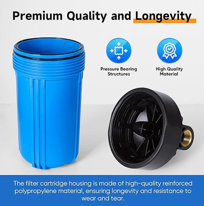 PUREPLUS 2-Stage Whole House Water Filtration System, Reduces Chlorine, Odor, Heavy Metals, Iron, Manganese, 10"x4.5" Housing, 1" Inlet/Outlet, PP Sediment & RFN Iron Filter, Pressure Gauges Included