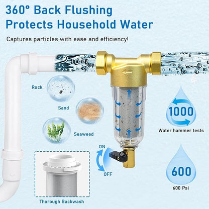 Spin Down Sediment Filter System for City/Well Water, Reusable Whole House Sediment Water Filter, 40-60 Micron, 1" MNPT to 3/4" FNPT & MNPT, Home Pre-filtration System